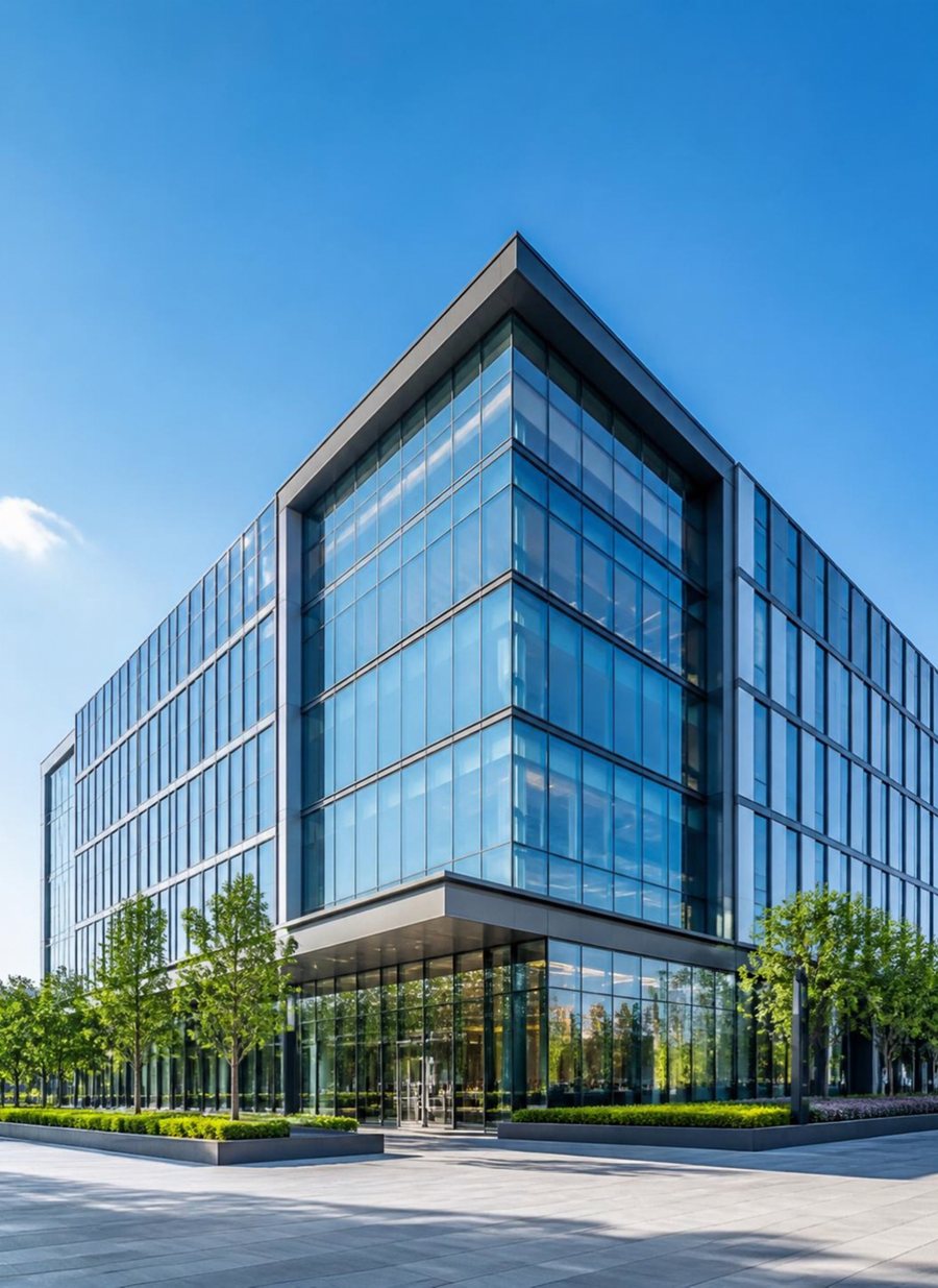 Conceptual rendering of a modern glass-and-steel corporate office building