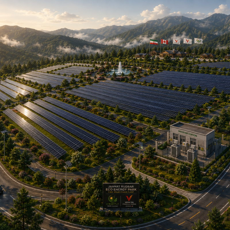 Conceptual aerial rendering of the Jannat Rudbar Eco Energy Park with the solar plant and visitor buildings