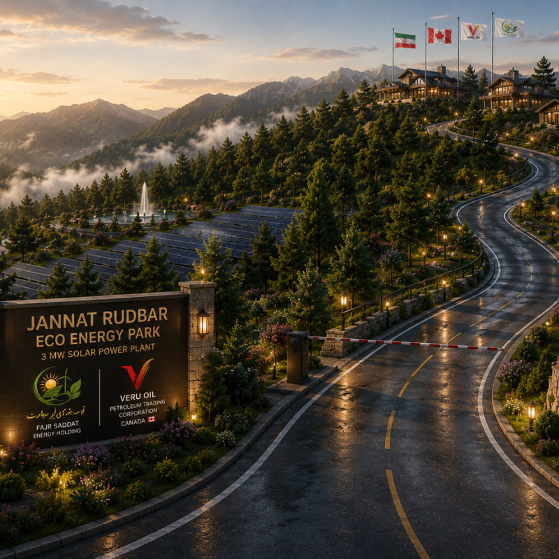 Conceptual rendering of the park entrance road at dusk with the Jannat Rudbar Eco Energy Park sign