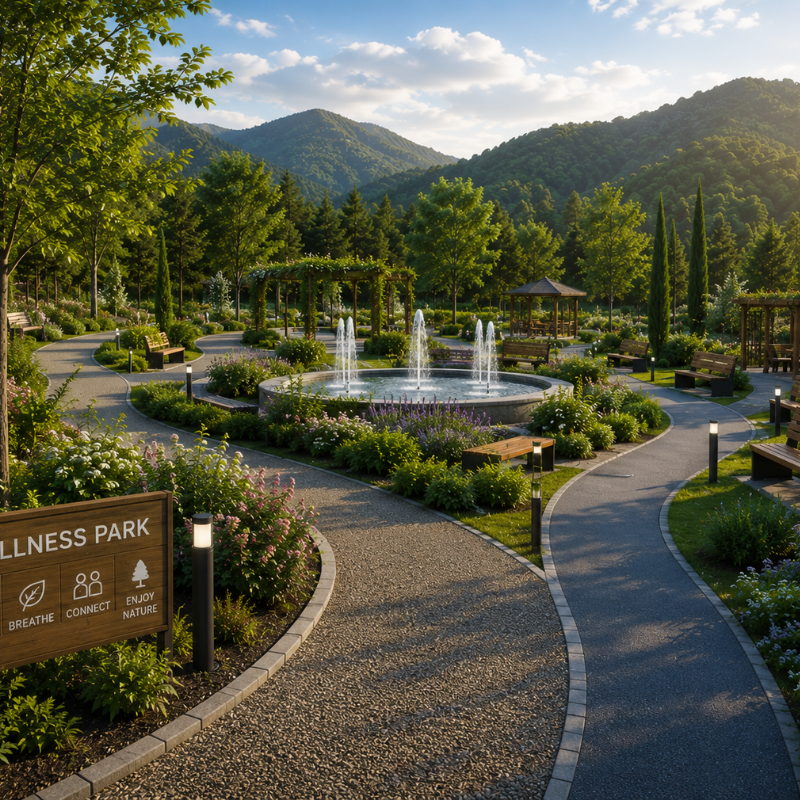 Conceptual rendering of the wellness park gardens and fountain
