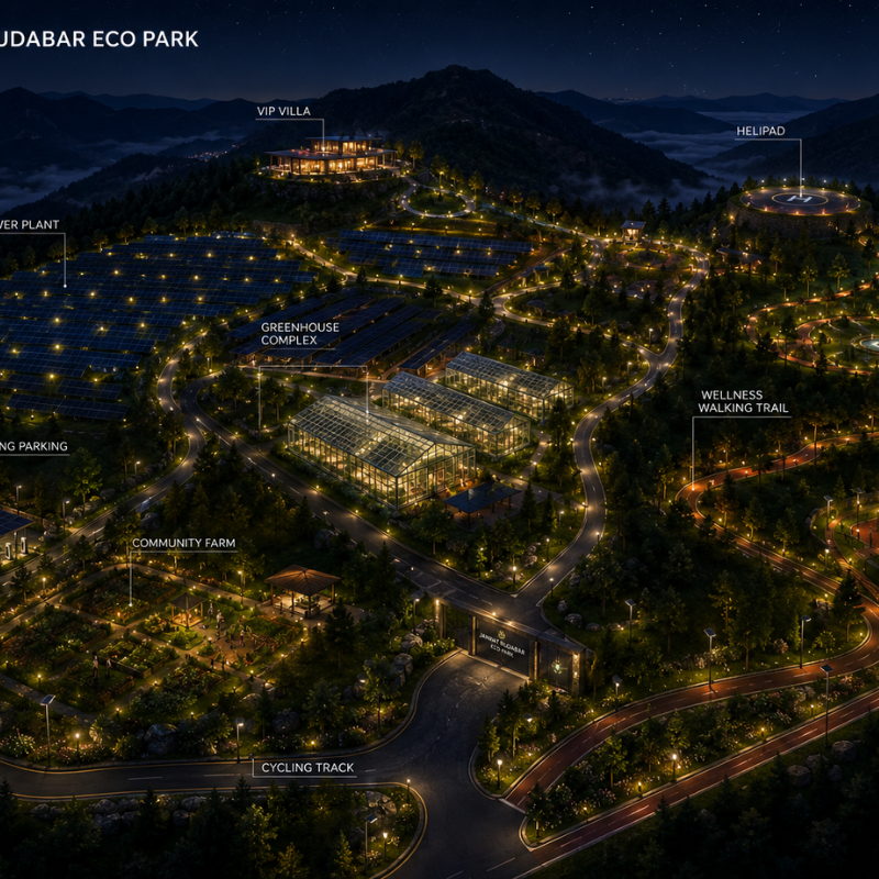 Conceptual night-time site map of the Jannat Rudbar Eco Park zones