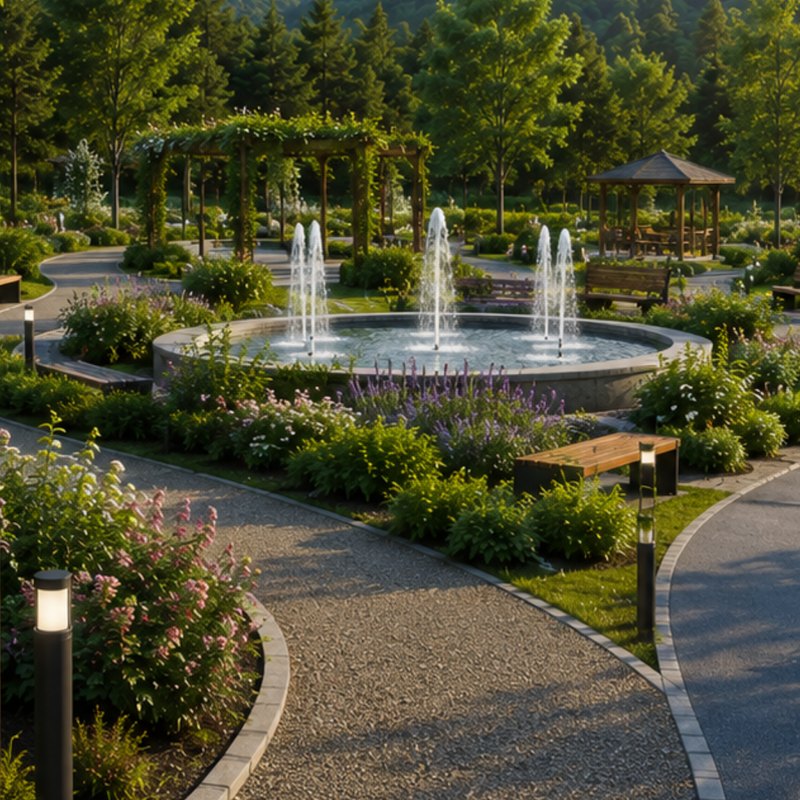 Conceptual rendering of a garden path with fountains in the planned JR EcoPark