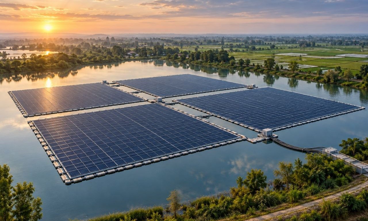 Conceptual rendering of four floating solar arrays on a reservoir among farmland — concept visual by TEFSD, not a photograph of the Goldasht ab-bandan