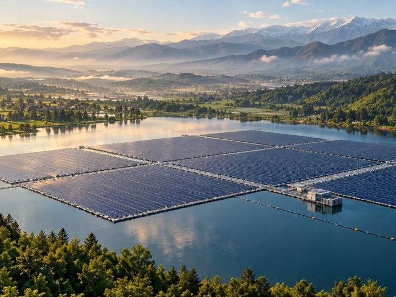 Conceptual rendering of four floating arrays on a lake among forested hills — concept visual, not the Goldasht site