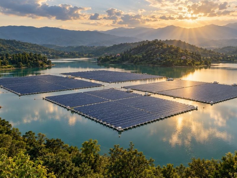 Conceptual rendering of four floating arrays on a reservoir under a morning sky — concept visual, not the Goldasht site