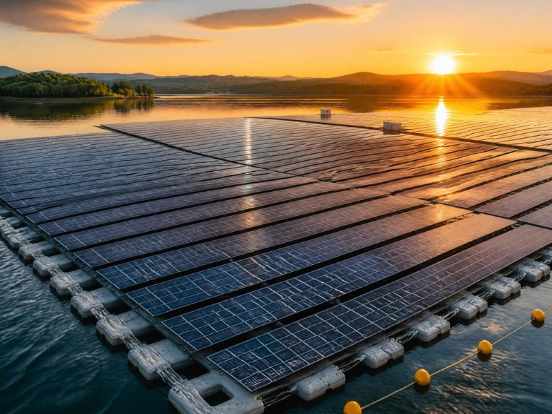 Conceptual rendering of floating arrays and float rows at sunset — concept visual, not the Goldasht site