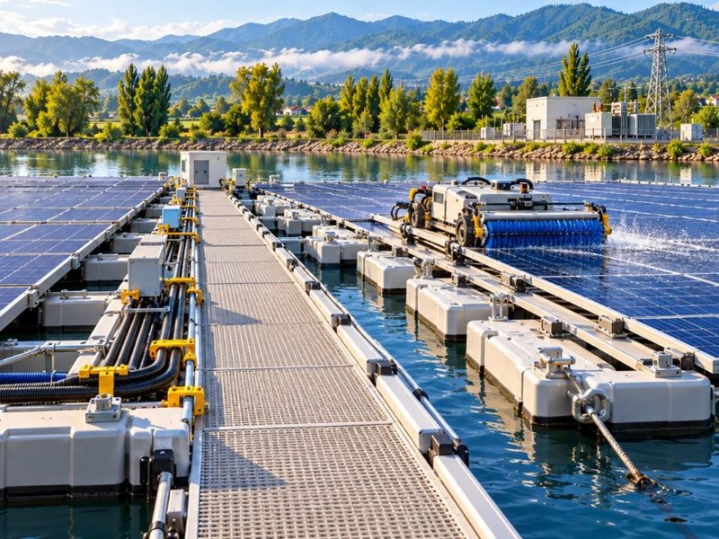 Conceptual rendering of a service walkway between floating arrays — concept visual, not the Goldasht site