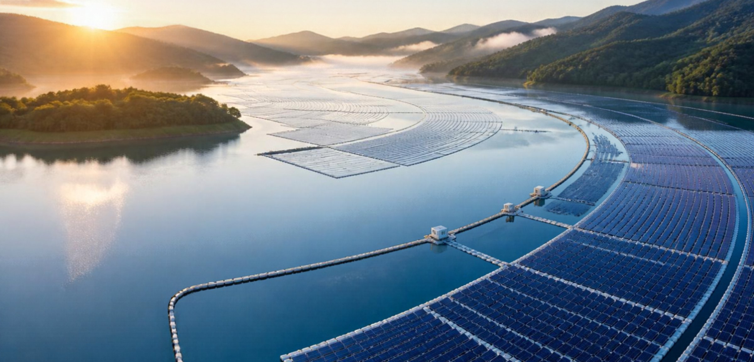 Conceptual rendering of floating solar arrays on a calm reservoir at dawn — concept visual by TEFSD, not a photograph of the Goldasht ab-bandan