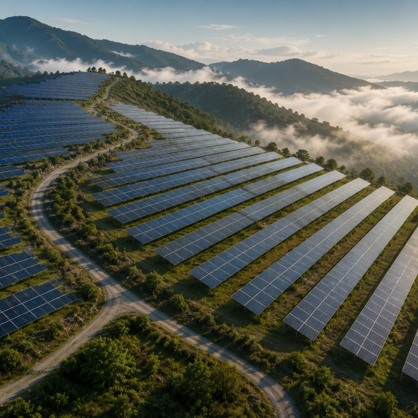 Conceptual aerial rendering of the planned Jannat Rudbar solar plant on forested hills