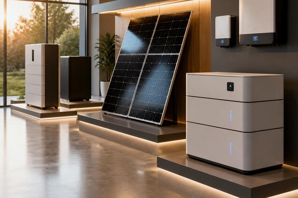 Solar panel, wall inverters and battery units on display in a modern showroom — conceptual rendering